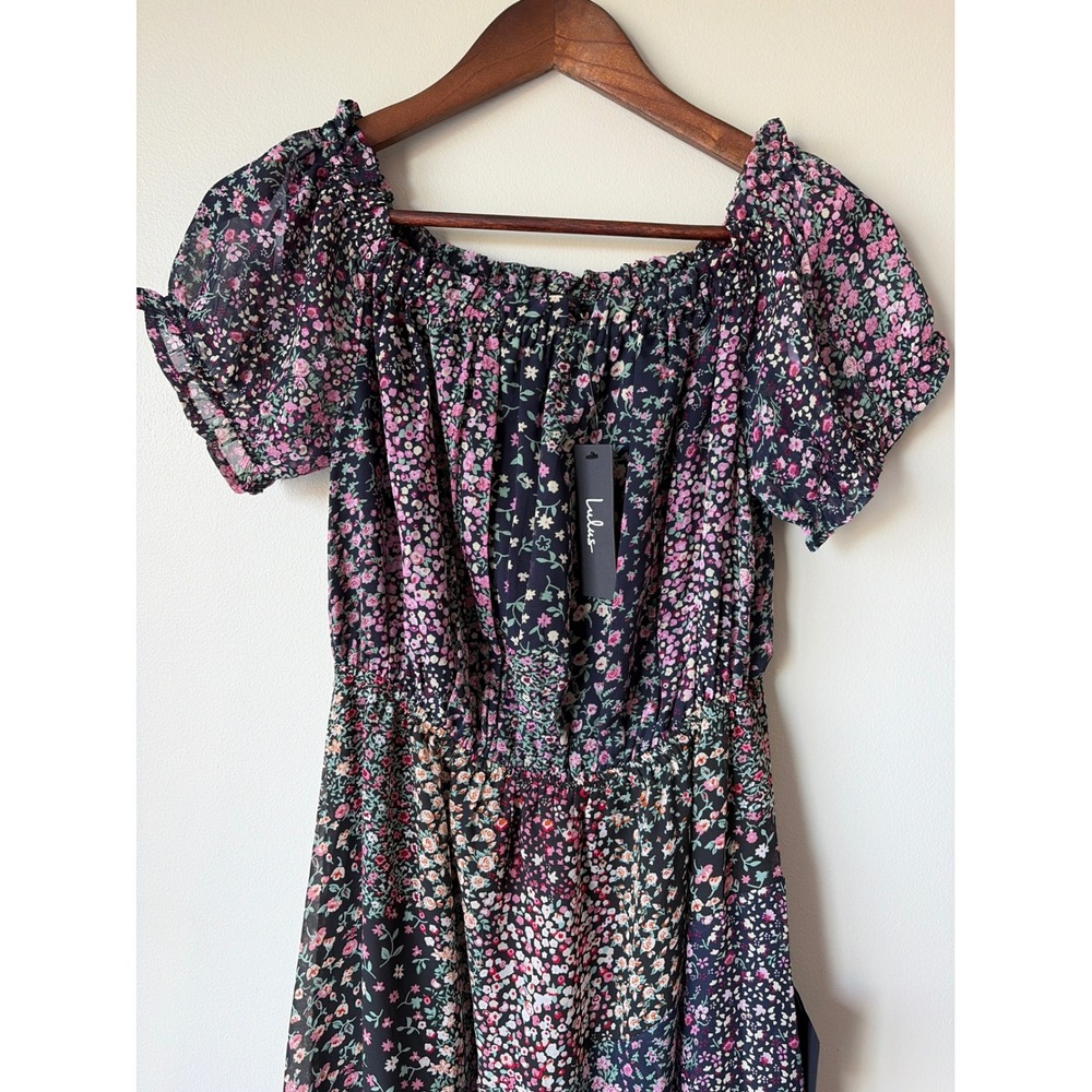 Lulus Floral Patchwork Maxi Dress Navy Pink Purple Off Shoulder Slit Large NWT